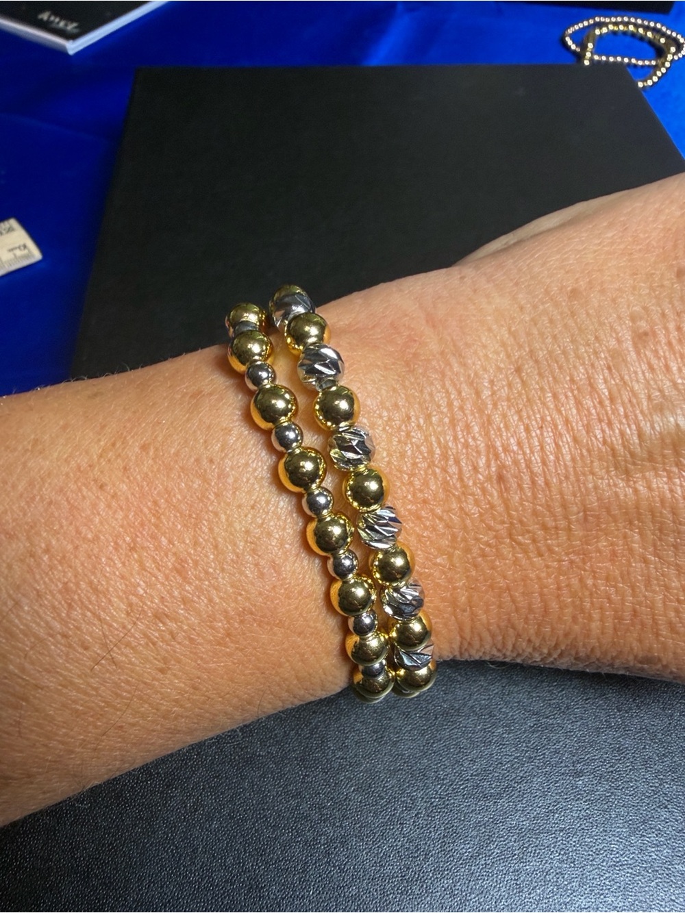Two Tone Gold and Silver Bead Stretch Bracelet Set of 2
